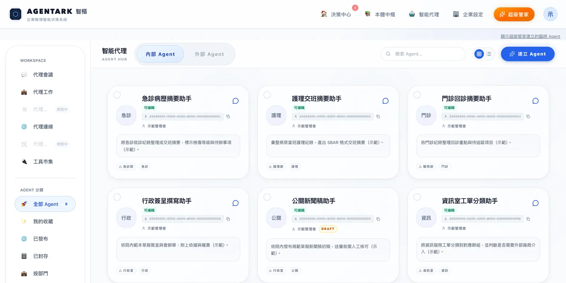 AgentArk 的 Agent 列表畫面:急診、護理、門診、行政、公關、資訊室等單位的 Agent 卡片