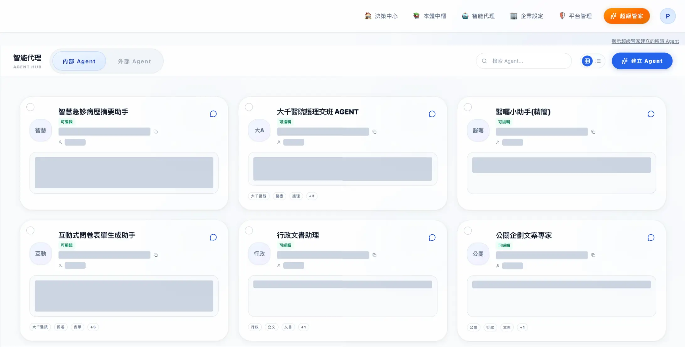 大千站的 Agent 列表畫面:智慧急診病歷摘要助手、大千醫院護理交班 Agent、醫囑小助手、互動式問卷表單生成助手、行政文書助理、公關企劃文案專家的卡片。說明、編號與建立者已遮蔽。